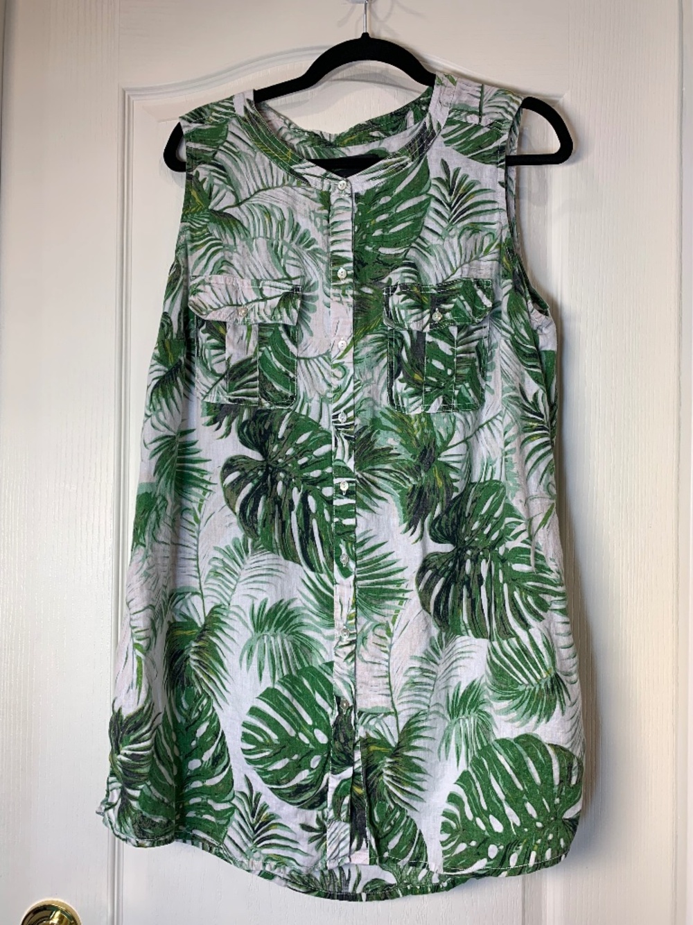 Tahari 100% Linen Sleeveless Blouse 1X Tropical Leaf Print White Green Summer